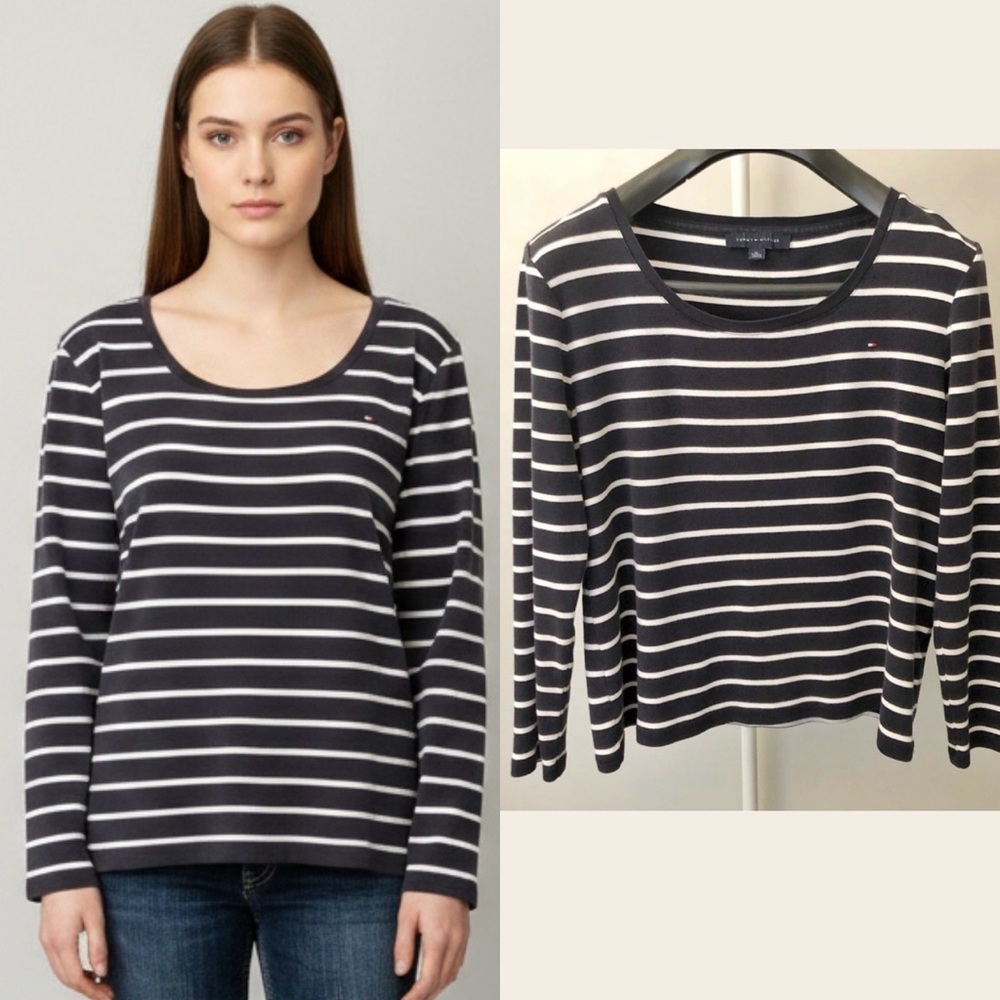 TOMMY HILFIGER Strips Black & White Pattern Scoop Neck Casual Blouse Sweatshirt.